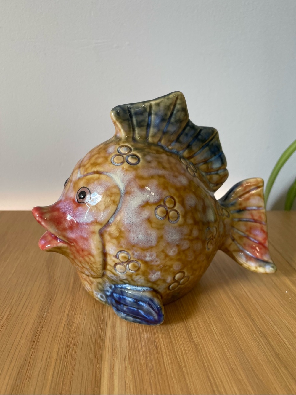 Vintage MCM Stoneware Pottery Fish Coin Piggy Bank 1970s Coastal Decor